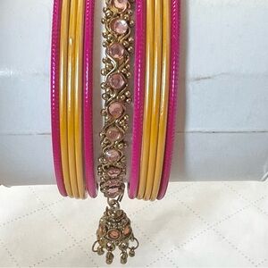 Yellow & Fuchsia Bangle Set with Gold Crystal Statement Bangle